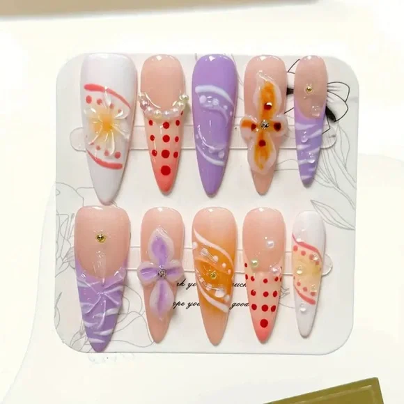 Colorful Handmade Press On Nail Art Set with Floral Designs Long Length 3D NWT - Picture 4 of 10